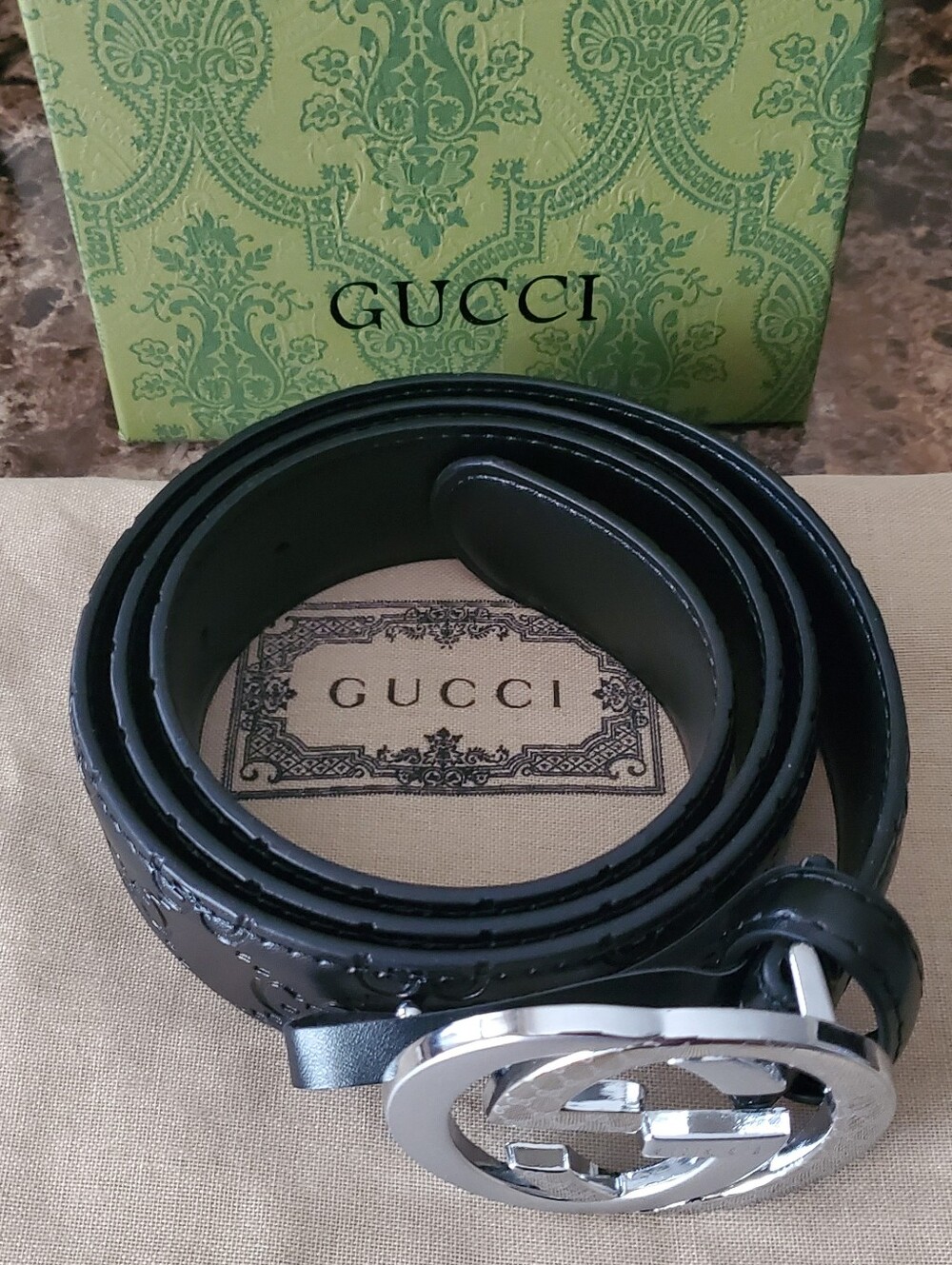 Gucci Black Embossed Leather Belt with Silver GG Logo Buckle